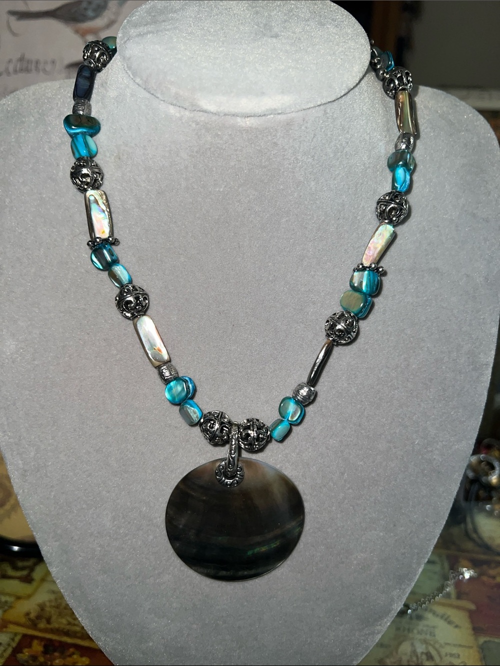 Cookie Lee Teal and Silver Shell Disc Pendant Necklace